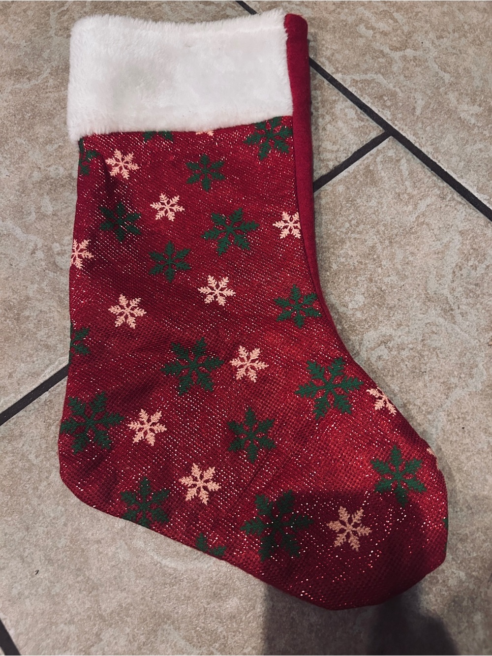 Red Sparkle Christmas Stocking with White Cuff and Green Snowflakes